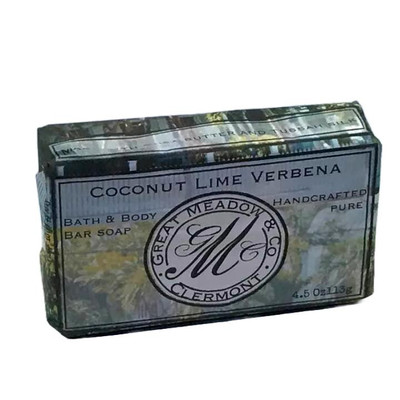 Great Meadow Coconut Lime Verbena Luxurious Bath & Body Bar - 5 oz., handcrafted soap with coconut, lime, and verbena scent, in a decorative packaging.