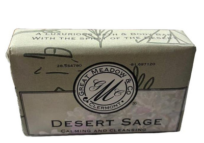 Great Meadow Desert Sage Luxurious Bath & Body Bar - 5 oz., soap bar in packaging with design and branding elements of Great Meadow Co., emphasizing calming and cleansing properties.