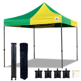 10'x10' D Model Green Yellow - Pop Up Canopy Tent EZ  Instant Shelter w Wheel Bag + Sand Bags