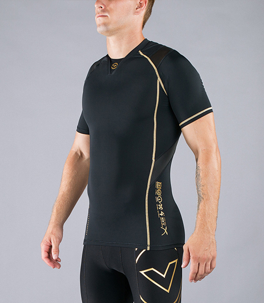 VIRUS Men's Bioceramic Short Sleeve Compression Top Black Gold T-shirt