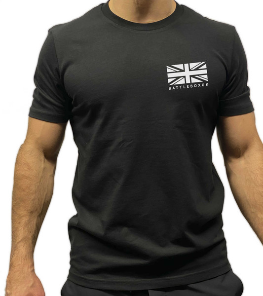 BattleBox UK™ | T-shirt | WORKOUT Union Jack Training Top Black White Logo - www.BattleBoxUk.com