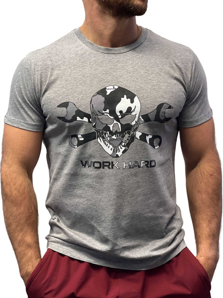 BattleBox UK Skull Work Hard White Camo Short Sleeve T-shirt Grey - www.BattleBoxUK.com