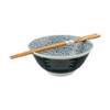 Navy Flower Noodle Bowl with Chopsticks - Set of 2