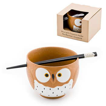 Stony Owl Noodle Bowl with Chopsticks, Brown