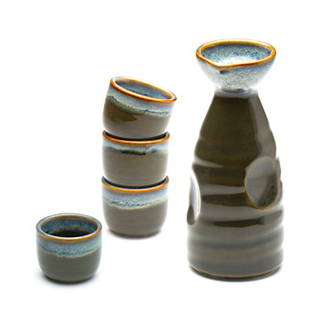 Porcelain Sake Set Chun Glaze, Olive Green - 1 Bottle & 4 Cups