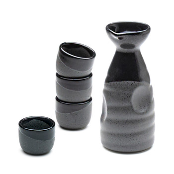 Porcelain Sake Set Half-Glaze, Grey & Black - 1 Bottle & 4 Cups