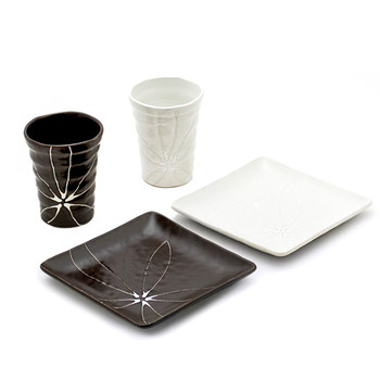 White and Brown Teacup and Square Dessert Plate Set