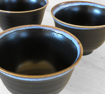 Modern Stoneware Bowl - Black with Blue/Brown Rim, Set of 4