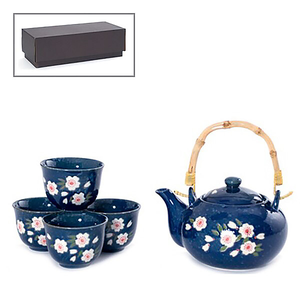 Blue Sakura Tea Set - Teapot with Strainer and 4 Teacups
