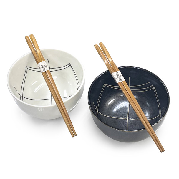 Kafuh Black & White Geometric Bowl with Chopsticks - Set of 2