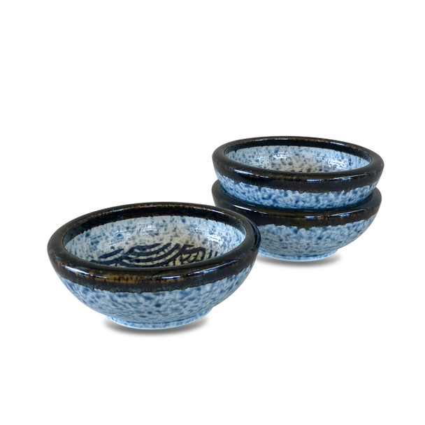 Blue Japanese Wave Bowl with Brown Rim 5", Set of 3