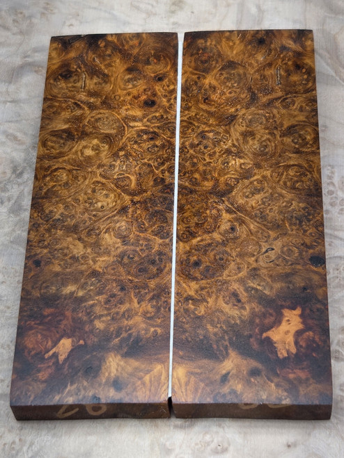 #640 Amboyna Burl Stabilized Scales - Size 5&3/4" long x 1&3/4" wide x 3/8" thick each piece