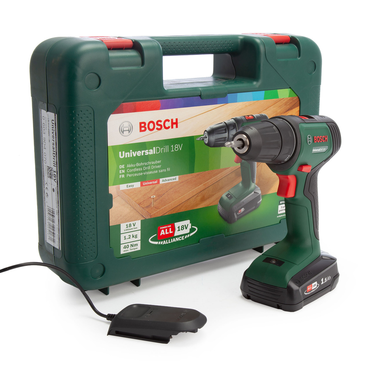 Perceuse visseuse sans fil BOSCH 18 V 1.5 Ah, 2 batteries UniversalDrill