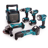 Makita 6KIT 18V LXT 6 Piece Combo Kit - DHP453 Combi Drill, DTD152 Impact Driver, DTM50 Multi-Cutter, DGA452 Angle Grinder, DMR202 Job Site Speaker & DML185 Torch (3 x 4.0Ah Li-ion Batteries) - 9