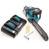 Makita DUC355PT2 36V LXT Cordless Chainsaw 35cm (2 x 5.0Ah Batteries) showing charger, oil and wrench