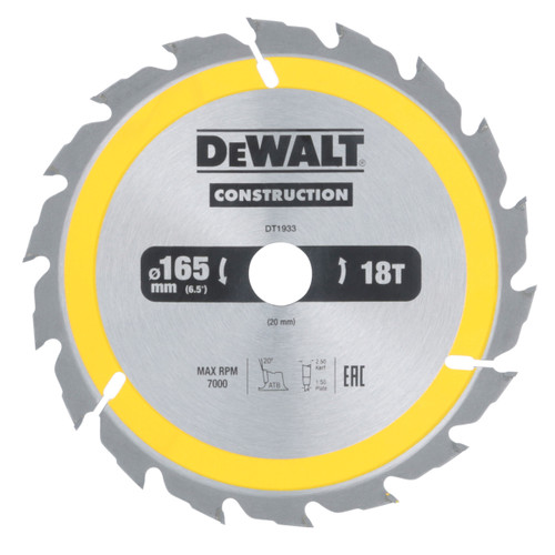 Dewalt DT1933 Construction Circular Saw Blade 165mm x 20mm x 18T - 2 Dewalt DT1933 Construction Circular Saw Blade 165mm x 20mm x 18T - 2