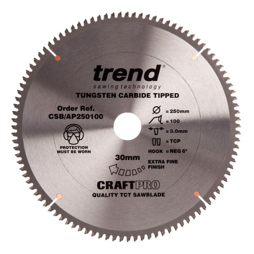 Trend CSB/AP250100 CraftPro Saw Blade for Aluminium & Plastic 250mm x 30mm x 100T - 2 Trend CSB/AP250100 CraftPro Saw Blade for Aluminium & Plastic 250mm x 30mm x 100T - 2