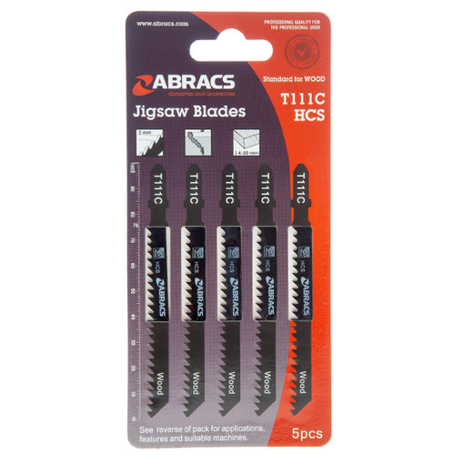 Abracs T111C Jigsaw Blades for Wood showing a pack of 5