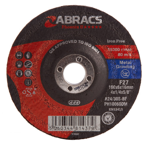 Abracs PH10060DM Phoenix Metal Grinding Disc 100mm x 6mm x 16mm - 1