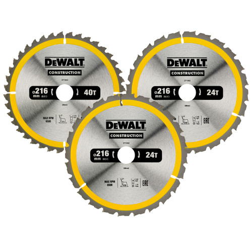 Dewalt DT1962 Construction Circular Saw Blades 216 x 30 mm 2 x 24T / 1 x 40T (3 Pack) Dewalt DT1962 Construction Circular Saw Blades 216 x 30 mm 2 x 24T / 1 x 40T (3 Pack)