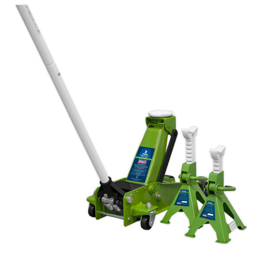 Sealey 3015CXHV Trolley Jack 3tonne Super Rocket Lift & Axle Stands (Pair) 3tonne Capacity per Stand-Hi-Vis