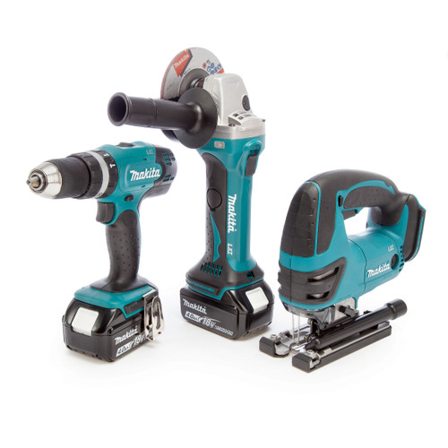 Makita 18V LXT Triple Pack - DHP453 Combi + DJV180 Jigsaw + DGA452 Grinder (2 x 4.0Ah Batteries)