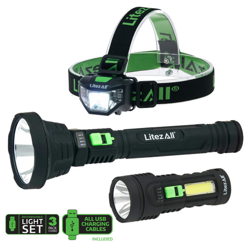 LitezAll 27625 Rechargeable Flashlight/Head Torch Triple Pack main image