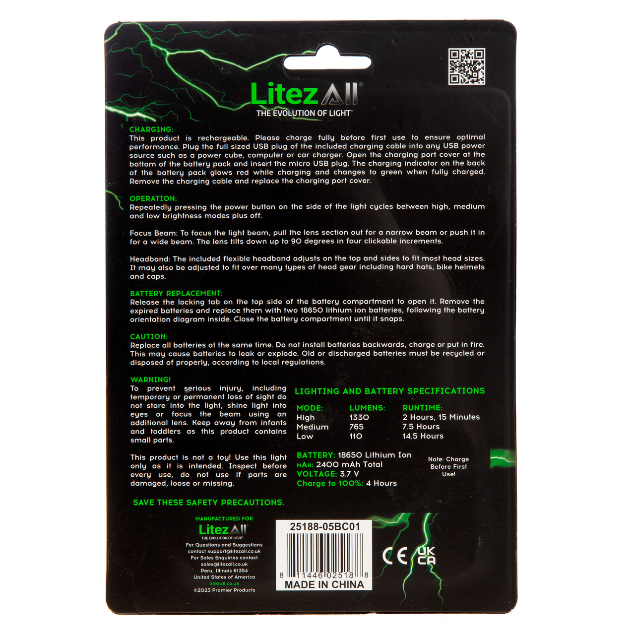 LitezAll 25188 Rechargeable Head Torch 1300 Lumens back of packaging