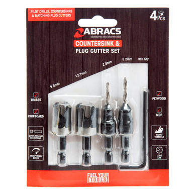 Abracs CSDBSET4 Expert Countersink Drill Bit & Plug Cutter Set (4 Piece)