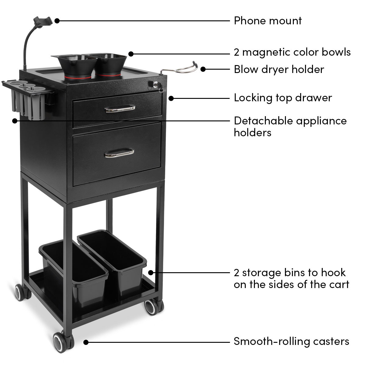 Spazio Color Cart - Salon Trolley Cart in Black with Storage Bins