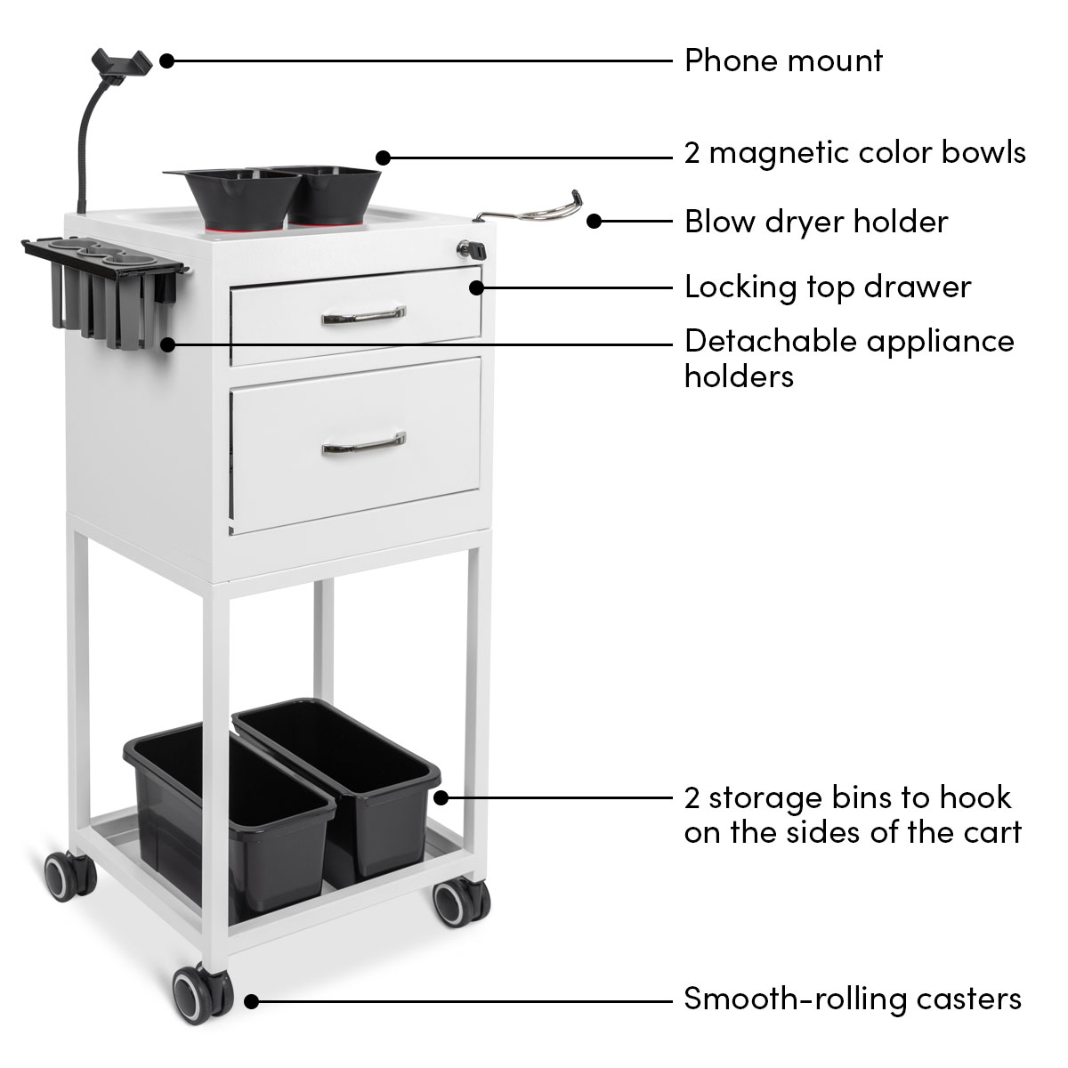 Spazio Color Cart Salon Trolley Cart in White with Storage Bins