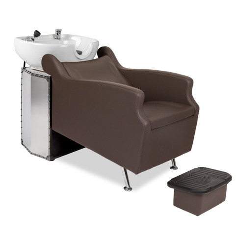 Avant LE Shampoo System in Stainless Steel and Black Chrome with Chocolate Chair and White Bowl