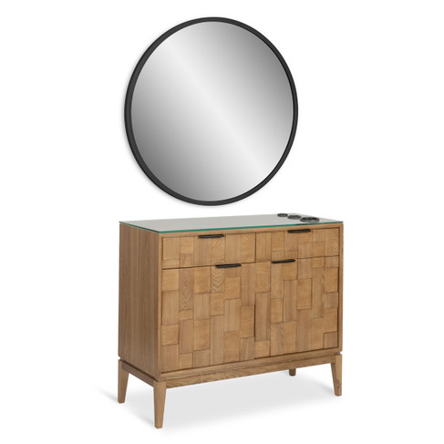 Ronan Cabinet Styling Station in Antique Umber with Talbot Round Black Mirror shown from three-quarter angle to the right Ronan Cabinet Styling Station in Antique Umber with Talbot Round Black Mirror shown from three-quarter angle to the right