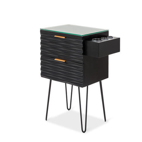 Nalu Styling Station in Black with Gold Handles with Black Hairpin Legs or Wall-Mounted shown from three-quarter angle to the left Nalu Styling Station in Black with Gold Handles with Black Hairpin Legs or Wall-Mounted shown from three-quarter angle to the left