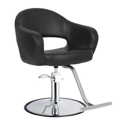 Novaro Salon Styling Chair in black shown from three-quarter angle to the right with round chrome base