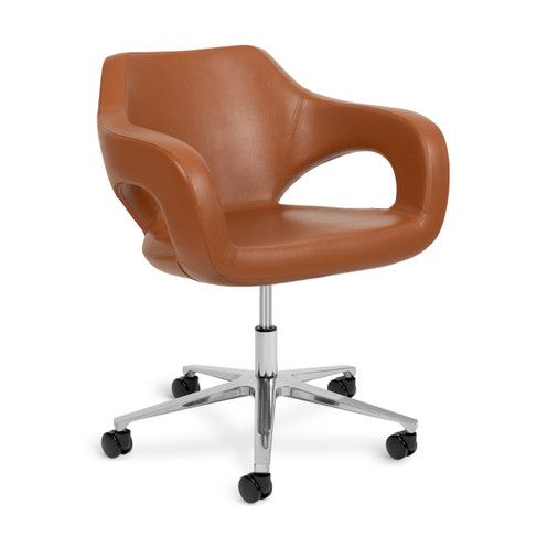 Novaro  Rolling Technician Chair in camel shown from three-quarter angle to the right with rolling 5-star polished base