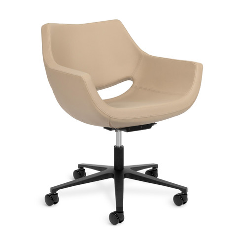 Arco  Rolling Technician Chair in Cashmere shown from three-quarter angle to the right with rolling 5-star black base