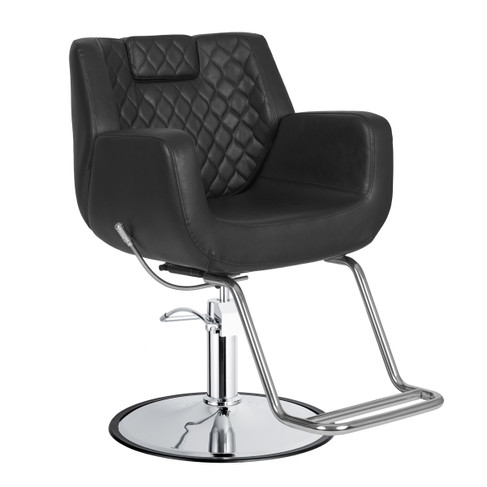Taren All Purpose Styling Chair in black shown from three-quarter angle to the right with round chrome base