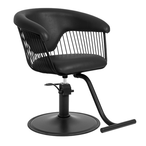 Corvino Salon Styling Chair in black shown from three-quarter angle to the right with round chrome base