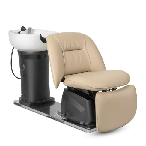 Varuna Electric Shampoo System in Sand with White Bowl shown from three-quarter angle to the right