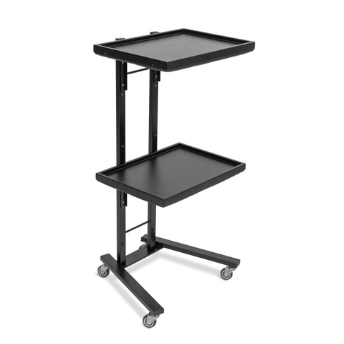 Ames 37″ Folding 2-Tier Salon Service Tray in black shown from three-quarter angle to the right