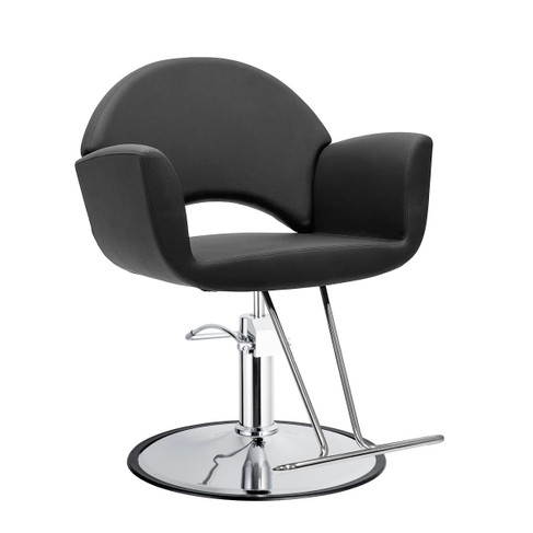Black Greta salon styling chair with Round Chrome base MI-4015bb-MBP-3S three-quarters front view