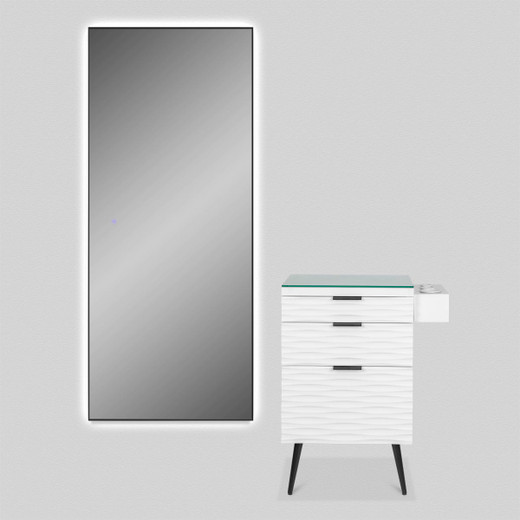 Akamu Styling Station in White with Black Hardware and Black LED Mirror Akamu Styling Station in White with Black Hardware and Black LED Mirror