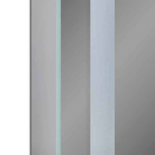 detail view of integrated LED lighting on front side of frameless rectangular 72” salon mirror