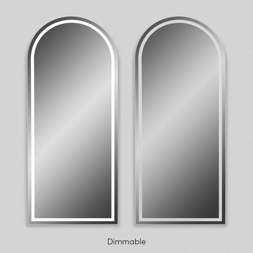 Corona LED frontlit 72” full length arch frameless salon mirror seen from front angle with lighting turned on and lights dimmed