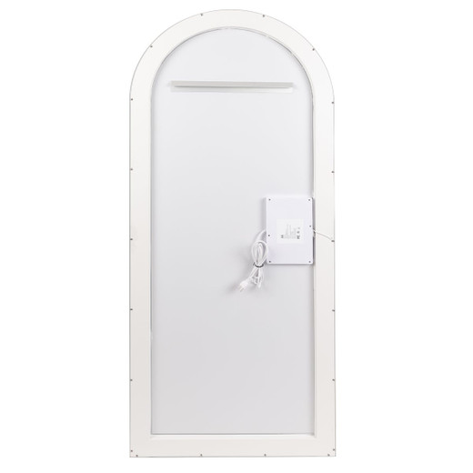 Corona LED frontlit 72” full length arch frameless salon mirror seen from behind to show mounting hardware