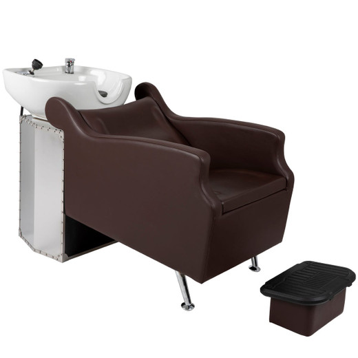 Avant LE Shampoo System in Stainless Steel and Chrome with Mocha Chair and White Bowl