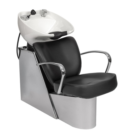 Vantage Stainless Steel Shampoo System with White Bowl shown from three-quarter angle to the right