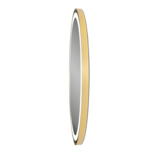 Elara LED Frontlit 36” Round Mirror with Gold Frame - MM-36-G-FRONT - shown lit from the left side Elara LED Frontlit 36” Round Mirror with Gold Frame - MM-36-G-FRONT - shown lit from the left side