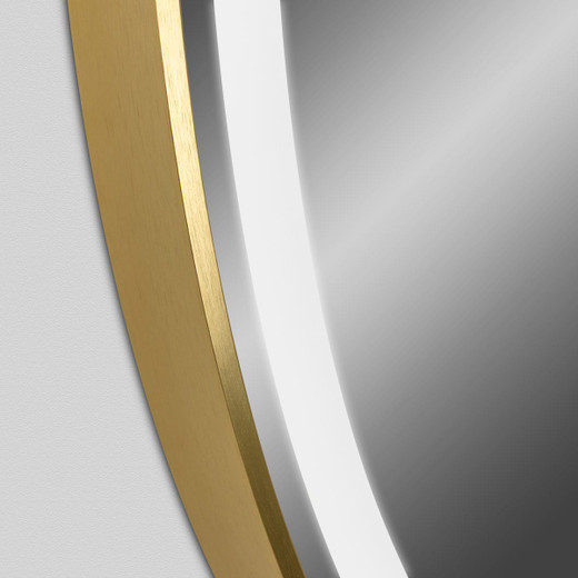 Elara LED Frontlit 36” Round Mirror with Gold Frame - MM-36-G-FRONT - showing a detail shot of the frame Elara LED Frontlit 36” Round Mirror with Gold Frame - MM-36-G-FRONT - showing a detail shot of the frame